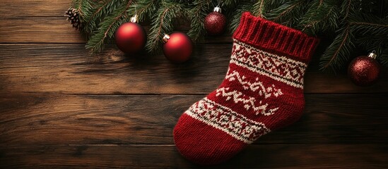 Poster - Christmas stocking adorned with coal and festive ornaments on rustic wooden surface with pine branches and red baubles