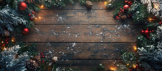 Poster - Christmas wooden backdrop adorned with holiday decorations and foliage in an aerial perspective perfect for festive seasonal designs.