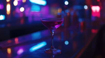Poster - Colorful cocktail on bar counter in vibrant nightclub atmosphere with neon lights creating a lively party ambiance
