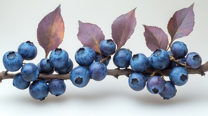 Aufkleber - Fresh blueberries arranged elegantly on a branch with purple leaves against a clean white background showcasing their vibrant colors