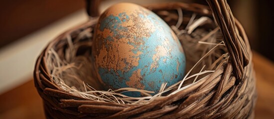 Poster - Decorative brown and blue Easter egg resting in a rustic woven basket with straw background for festive spring celebrations
