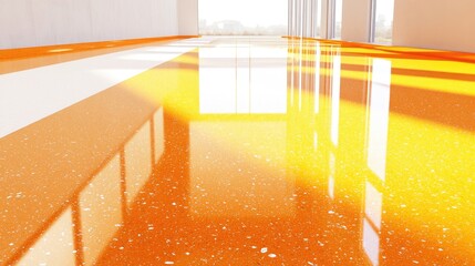 Aufkleber - Orange stone floor construction progress showcasing completed and unfinished areas with natural light illuminating the glossy surface.