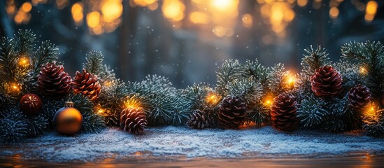 Aufkleber - Festive Christmas decorations featuring pinecones and lights on a snowy antique wooden surface illuminated by soft glowing sunlight