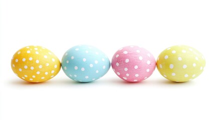 Poster - Colorful polka dot Easter eggs arranged in a row on a clean white background perfect for springtime and festive celebrations
