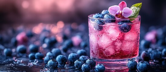 Poster - Blueberry cocktail with orchid flower and ice on a dark background close-up of refreshing drink garnished with fruit and floral elements