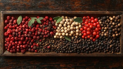 Poster - Aromatic assortment of colorful spices and herbs arranged on a rustic wooden table showcasing vibrant pepper varieties and natural textures.