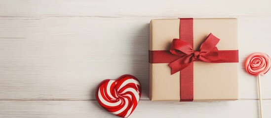 Aufkleber - Gift box adorned with a red bow and heart shaped lollipops on a light wooden surface perfect for celebrations and special occasions.