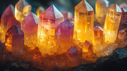 Poster - close-up view of vibrant orange and purple crystals, showcasing intricate facets and textures, with 