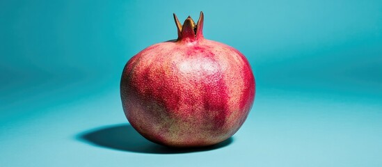 Poster - Christmas-themed pomegranate on a blue background with selective focus showcasing its vibrant color and unique texture