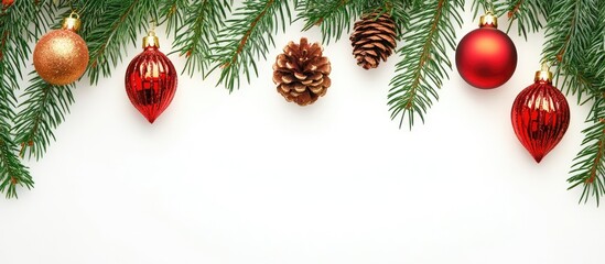 Poster - Christmas border frame adorned with red and gold ornaments and pine cones on a clean white background for festive seasonal themes