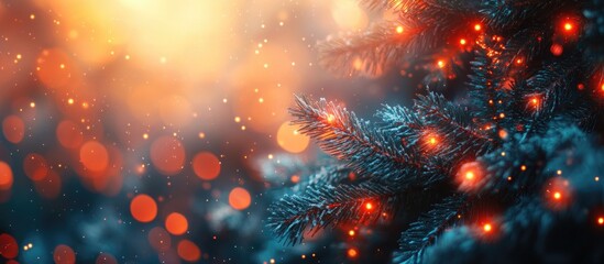 Poster - Abstract holiday lights with blurred effect illuminating evergreen branches in a festive bokeh background during the Christmas season