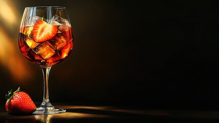 Poster - Refreshing cocktails with ice and strawberries displayed elegantly on a dark background for a sophisticated drink presentation.