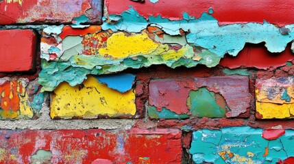 Poster - colorful abstract texture of weathered bricks with peeling paint and vibrant hues creating an artist