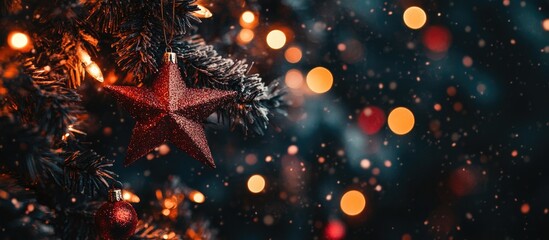 Poster - Christmas greeting card design with festive decorations and soft bokeh background ideal for personalized holiday messages and greetings