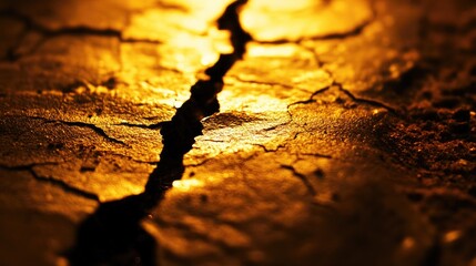 Aufkleber - Textured surface with cracks illuminated by golden light creating a dramatic and moody effect in a grunge style background.
