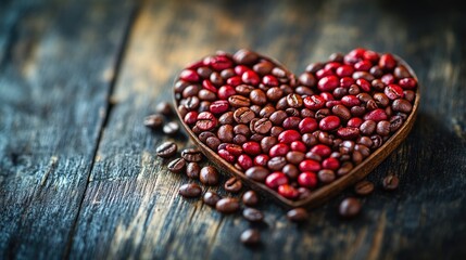 Aufkleber - Coffee beans in heart shape on rustic wooden surface symbolizing love and passion for coffee with space for personalized text