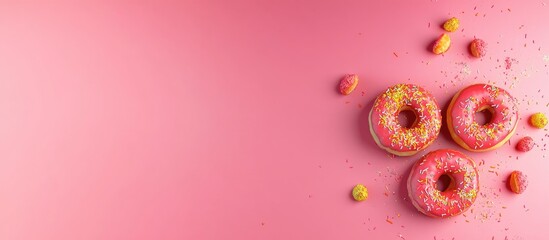 Poster - Aerial view of colorful donuts on a soft pink background with ample copy space for marketing or promotional use