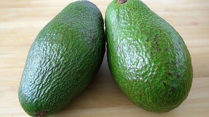 Aufkleber - Fresh ripe avocados on a smooth wooden surface showcasing their vibrant green texture and natural glossiness