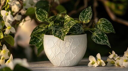 Wall Mural - Heart Leaf Hoya plant in decorative white pot surrounded by delicate flowers showcasing vibrant green foliage and natural beauty