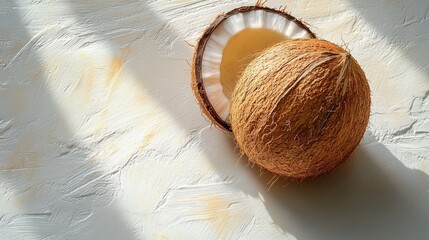 Poster - Coconut fruit with shell and shadow on white background showcasing tropical essence in aerial view for culinary or beverage themes
