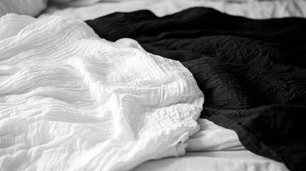 Aufkleber - Textured black and white wrinkled sheets creating an abstract pattern on a soft bed surface in a monochromatic style