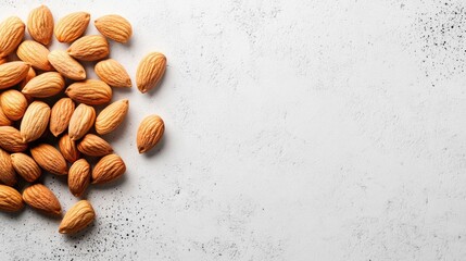 Poster - Almond nuts scattered on a textured white surface highlighting their natural color and shape perfect for healthy snack concepts