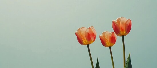 Poster - Bouquet of vibrant pink tulips on a soft blue background with selective focus and ample copy space for creative design projects