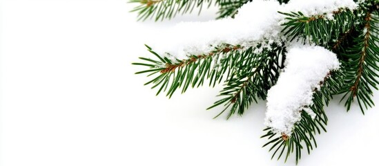 Aufkleber - Snowy pine branch with fresh snowflakes on green needles creating a serene winter background for seasonal designs and holiday themes