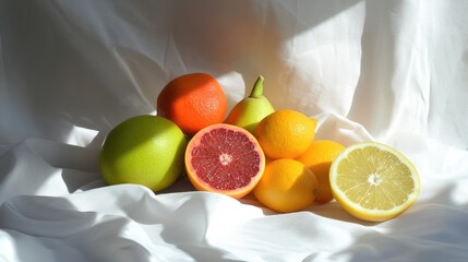 Poster - Assorted fresh fruit arrangement casting vibrant shadows on a soft white backdrop creating a warm and vibrant composition.