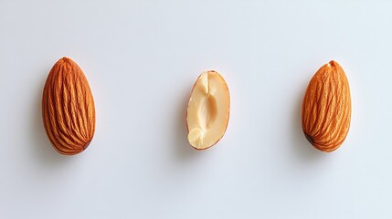 Aufkleber - Almond nuts in their shells and a sliced almond displayed on a white background showcasing texture and natural organic food elements