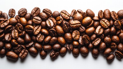 Poster - Coffee beans arranged in a line on a clean white background showcasing their rich texture and varying shades of brown