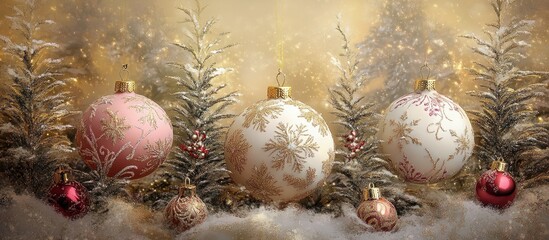 Poster - Elegant pink and gold Christmas ornaments displayed against a shimmering golden backdrop with soft festive elements.