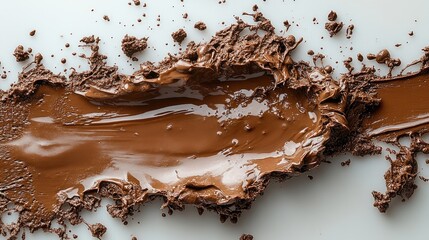 Leinwandbilder - Chocolate milk puddle on a white background with scattered chocolate fragments viewed from above in an artistic food composition