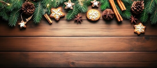 Aufkleber - Christmas rustic backdrop with fir branches pine cones cookies and spices, overhead view creating a cozy festive atmosphere for text space