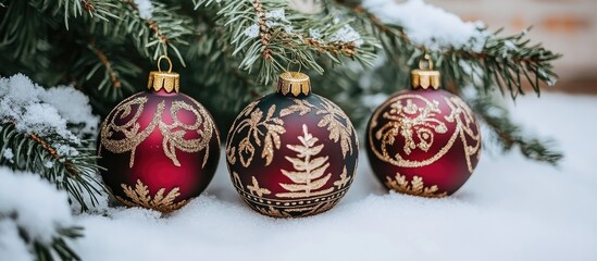 Poster - Festive Christmas ornaments on snow-covered fir tree branches creating a warm and joyful holiday atmosphere with bright background.