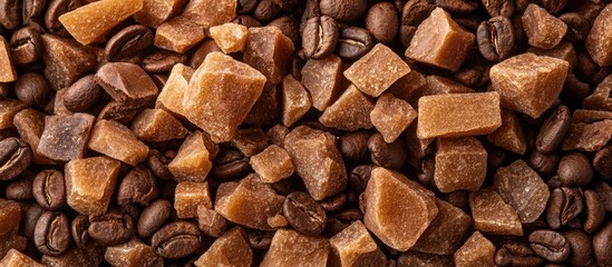 Poster - Chocolate coffee beans mixed with brown cane sugar pieces creating a rich texture close-up for gourmet culinary and beverage concepts.