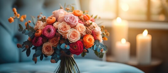 Aufkleber - Bridal bouquet elegantly arranged on a chair beside softly glowing candles in a romantic setting