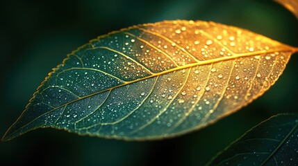 Poster - Dewy leaf with intricate striped patterns and vibrant colors showcasing nature's beauty and detail in close-up perspective