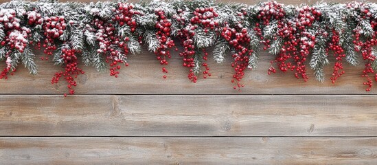 Poster - Christmas flat lay with snow-dusted fir branches and red berries on a rustic wooden background for festive holiday themes.