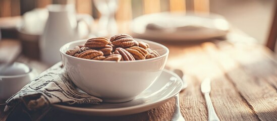 Poster - Aesthetic bowl of pecans elegantly arranged on a rustic table setting with soft natural light and cozy dining atmosphere