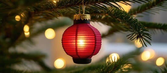 Aufkleber - Christmas Lantern Decoration on Pine Tree with Bokeh Lights Creating a Festive Atmosphere for Holiday Greetings and Celebrations