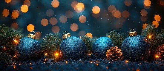 Poster - Festive background featuring blue Christmas ornaments with lights and pinecones for New Year's and Christmas celebrations
