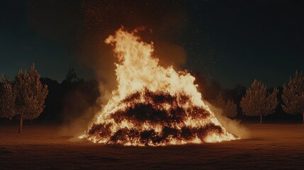Aufkleber - Majestic bonfire blazing brightly against a night backdrop surrounded by trees