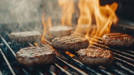 Poster - Grilled burger patties sizzling on a charcoal barbecue with flames and smoke in a close-up view