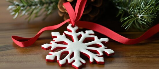 Poster - White snowflake ornament with red ribbon against a rustic wooden background highlighting festive holiday decor and natural pine elements