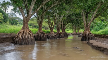 Poster - Burmese Fishtail Palm Grove by River with Exposed Roots in Lush Green Landscape Natural Habitat Environment