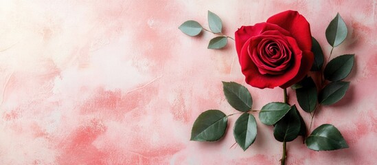 Aufkleber - Elegant red rose with green foliage against a soft pastel background for floral design and romantic themes.