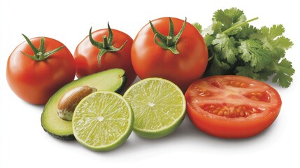 Aufkleber - Fresh avocados halved limes ripe tomatoes on the vine and cilantro arranged on a light background for healthy food and cooking concepts