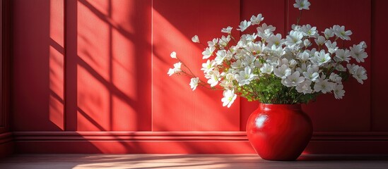 Poster - Delicate white flower arrangement in a red vase against a soft rose backdrop creating a warm and inviting atmosphere
