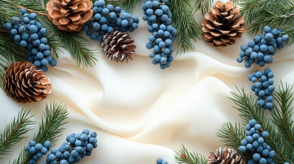 Poster - Natural Christmas card design featuring tree branches cones and blue berries on a white silk background for a minimalist New Year theme.